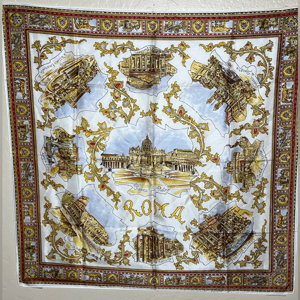 Vintage Roma Gold and White Landmark Souvenir Scarf